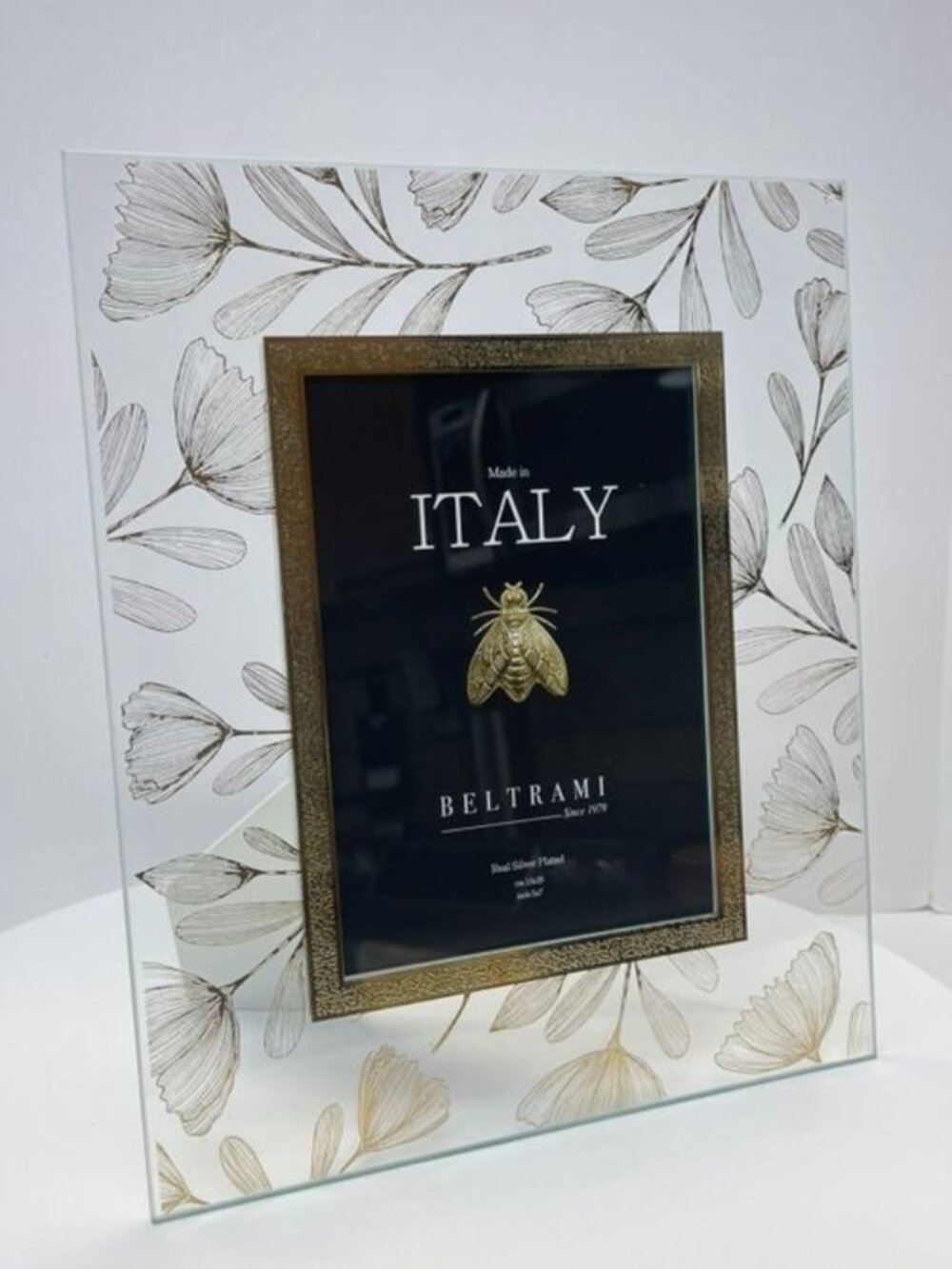 Beltrami Italy Silver Plated 5x7 Frame Gold Floral Glass Photo Holder - Picture 2 of 8